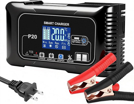 Battery Charger 0-20A,12V/24V Lithium Battery Charger,9 Stage with Pulse Repair,Trickle Charger & Maintainer for LiFePO4,Lead Acid,AGM,RV,Marine,Car,Boat, Deep Cycle Batteries