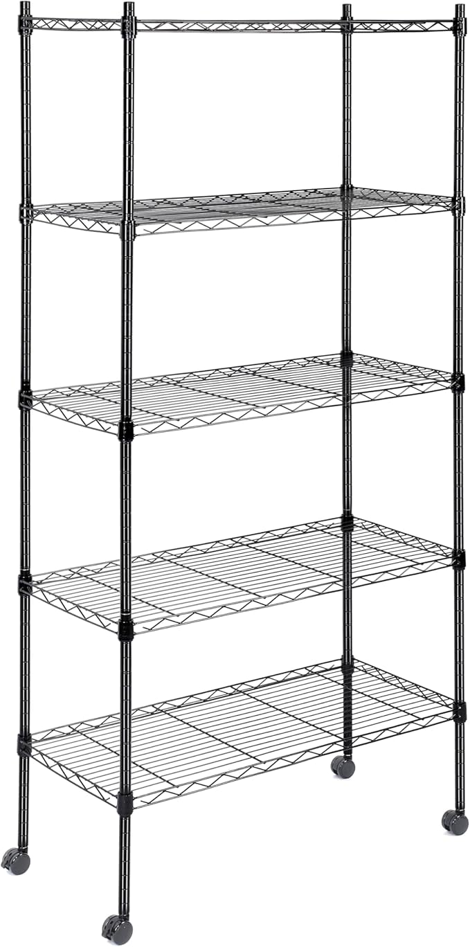 Simple Deluxe 5-Tier Storage Shelving Units, 24.02" W x 13.78" D x 59" H Wire Shelf with Wheels & Leveling Feet, Black