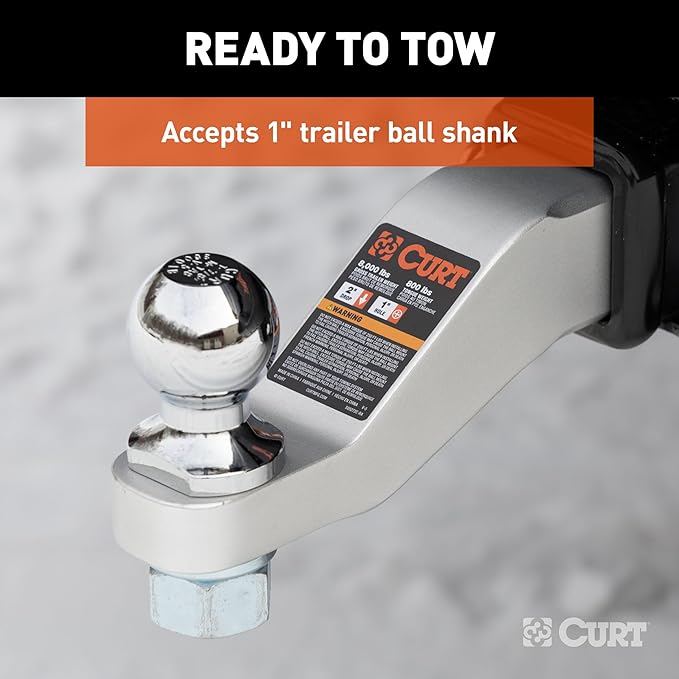 CURT 45360 Aluminum Trailer Hitch Ball Mount, Fits 2-Inch Receiver, 8,000 lbs, 1-Inch Hole, 2-in Drop, 1-in Rise