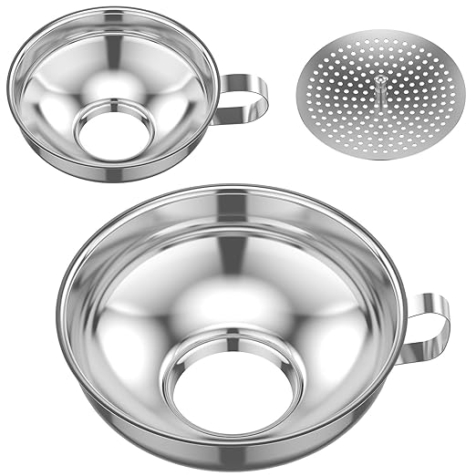 3-Piece Stainless Steel Canning Funnel Set with Strainer, Wide Mouth Mason Jar Funnels for Kitchen, Metal Funnel for Filling Bottles, Canning Supplies for Preserving, Dishwasher Safe