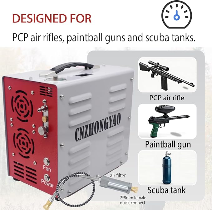 PORTAIR 4500PSI Portable HPA Compressor,Auto-Stop, Oil/Water-Free, Built-in Power Converter PCP Air Compressor for Air Rifle, Scuba Tank, Powered by Car Battery 12V DC or Home 110V AC (Grey)