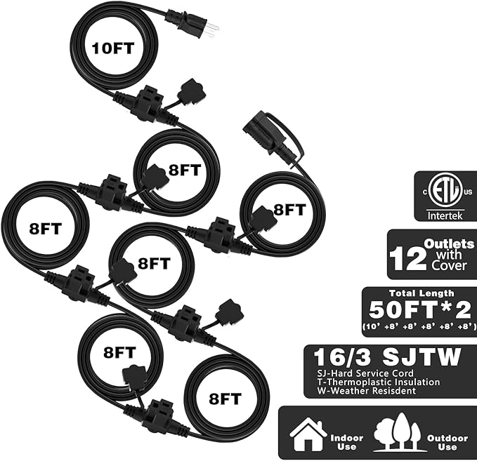 K KASONIC - Outdoor Extension Cord 100 FT, Evenly Spaced 12 Outlets Plugs, 16/3 SJTW Weatherproof Multiple Outlets Wire for Landscaping Light, Holiday Decoration and Christmas, ETL Listed, Black