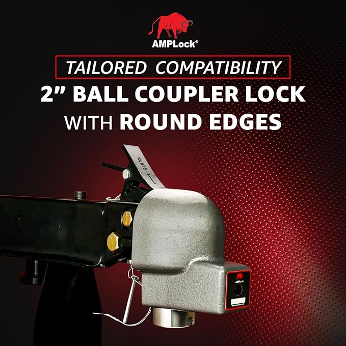 AMPLock - U-BRA2 Heavy Duty Trailer Coupler Lock - 2" Anti-Theft Trailer Hitch Lock for RVs, Boats & Cargo Trailers - Ball Coupler Lock with Round Edges, Patented 2-Part Push-to-Lock System