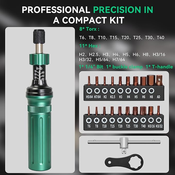 Inch Pound Torque Screwdriver Set, 24 Pcs Professional Precision 1/4” Drive Torque Wrench 10-70 in-lb S2 Bits Adapter for Maintenance Tools Bicycle Repair Scope Mounting DIY Projects, Audible Click