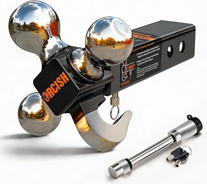 ORCISH 360° Swivel Trailer Hitch, Tri-Ball Mount with Heavy Duty Hook & Anti-Theft Lock, Chrome-Plated Trailer Ball Size 1-7/8", 2" and 2-5/16", Fit 2 Inch Hitch Receiver, Rotating Tow Hitch
