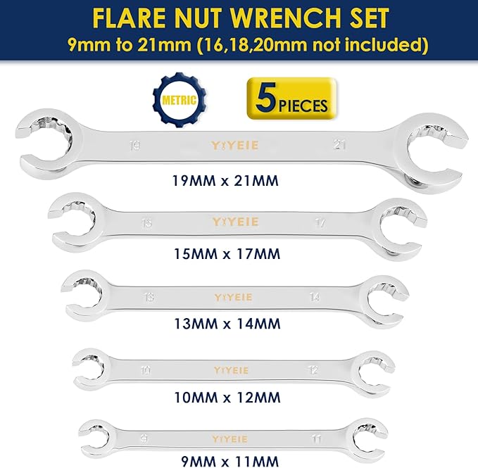 Flare Nut Wrench Set, Metric 5-Piece, Brake Line Wrench Set 9, 10, 11, 12, 13, 14, 15, 17, 19, 21 mm, CR-V Steel, with Roll-up Pouch
