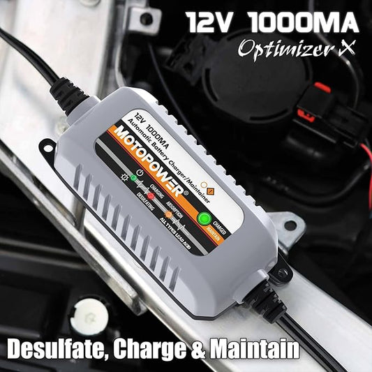 MOTOPOWER MP00205B 12V 1000mA Automatic Battery Charger, Battery Maintainer, Trickle Charger, and Battery Desulfator with Timer Protection - Grey, 2 Pack