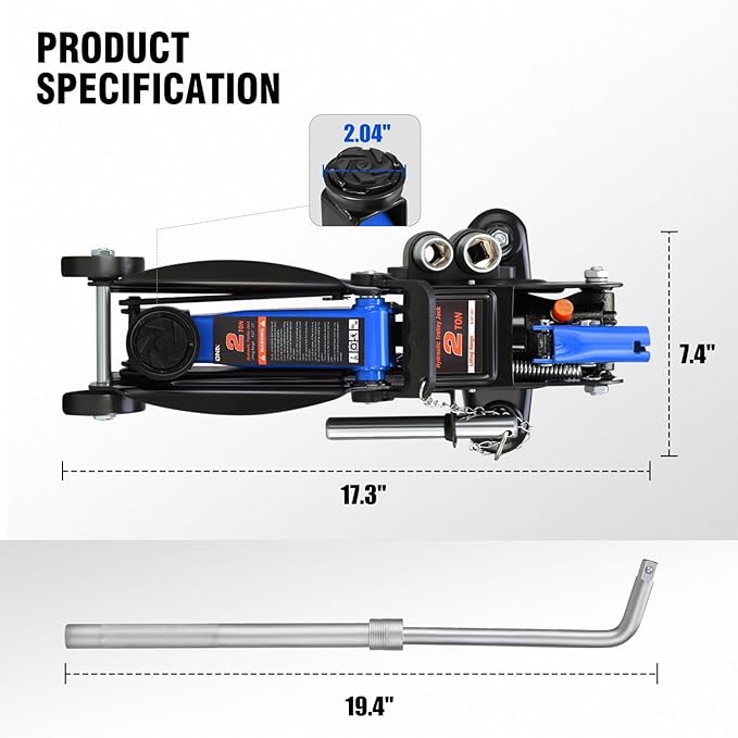 DNA Motoring Floor Jack with Socket and Lock, Low Profile Hydraulic Trolley Jack for Cars Lift, 2 Ton (4000 lbs) Capacity, Lifting Range 5.12"-13", Blue, TOOLS-00677-BL