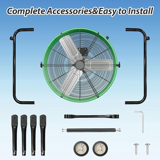 LifePlus 24 Inch Industrial Drum Fan, 320W High Velocity Floor Fan, 3 Speed Heavy Duty Metal Air Circulator, 360° Tilt with Casters Handle ETL Standard for Patios, Warehouse, Garage, 8900CFM，Green