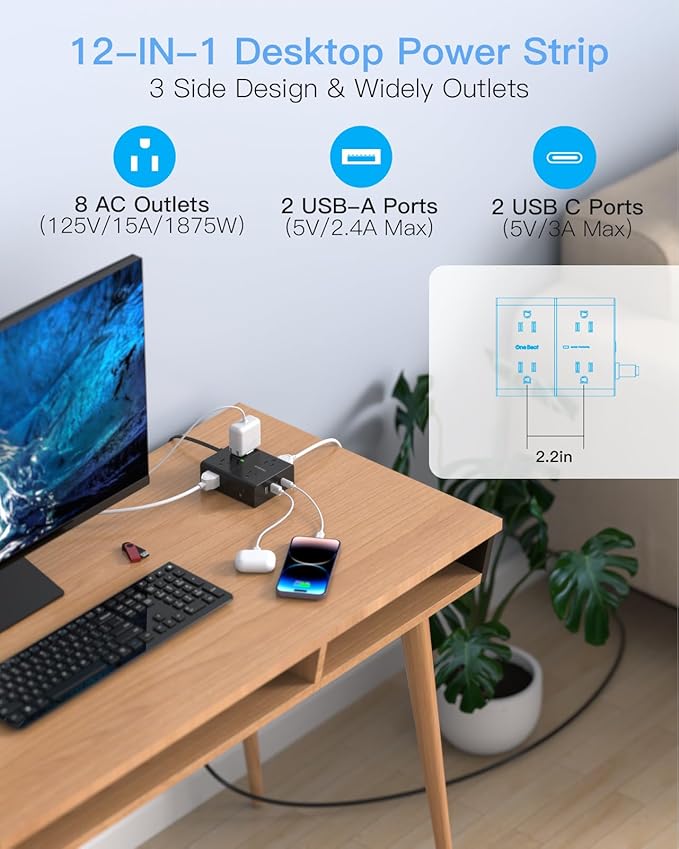 10Ft Extension Cord with Multiple Outlets, Flat Plug Power Strip Surge Protector 10 Ft Long Cord, 8 Outlet 4 USB Ports (2 USB C), Multi Outlet Wall Plug for Office, College, Dorm Room Essentials