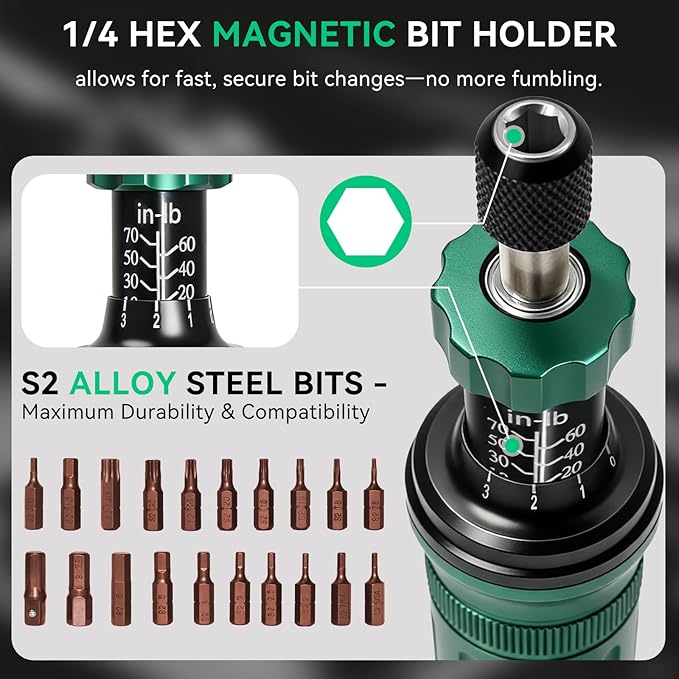 Inch Pound Torque Screwdriver Set, 24 Pcs Professional Precision 1/4” Drive Torque Wrench 10-70 in-lb S2 Bits Adapter for Maintenance Tools Bicycle Repair Scope Mounting DIY Projects, Audible Click