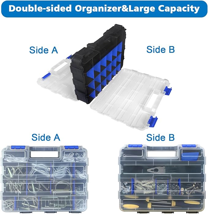 Double Side Tool Box Organizer, Hardware Storage Box, Portable Small Parts Organizer with Removable Plastic Dividers for Screws, Nuts, Nails, Bolts (Blue)