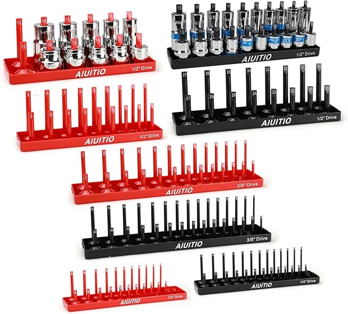 8 Piece Metric & SAE Socket Organizer Tray Set, 1/4-Inch, 3/8-Inch & 1/2-Inch Drive Standard & Deep Socket Holders for Toolboxes, Store 176 Sockets