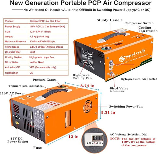 PCP Air Compressor,Auto-shutoff 4500Psi/30Mpa Oil/Water-Free Set-pressure Air Gun and Paintball Tank Pump with Water/Oil Separator,Built-in Power Adapter(110V AC or 12V Car Battery)
