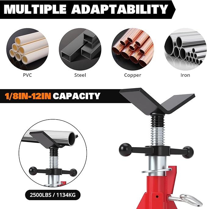 Heavy-Duty Pipe Jack Stand V-Head Bracket Load Capacity 2500 LBS Suitable for 1/8“ to 12” Pipes 24“ to 42” Adjustable Height Folding Legs for Welding Threading Hole Cutting