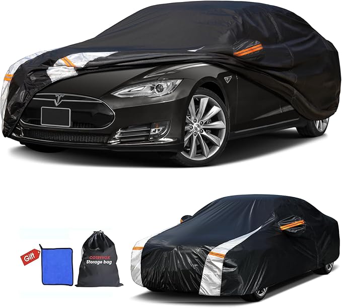 12-Layer Custom Fit Car Cover for Tesla Model S (2012-2026), Upgraded Waterproof All-Weather Full Exterior Cover with Door Zipper, for Snow Rain Dust and Sun UV Protection-Black.
