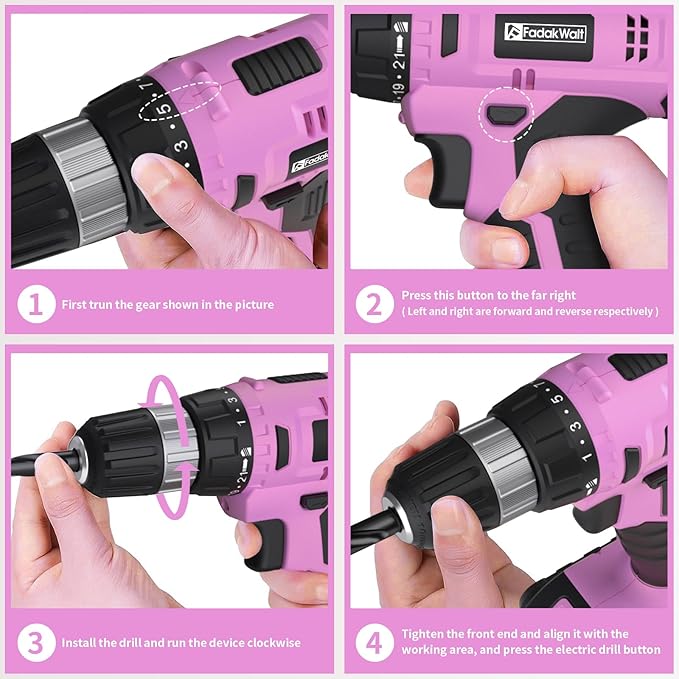 FADAKWALT Cordless Drill Set, 20V Electric Power Drill With Battery And Charger, 30N Torque, 21+1 Settings, 3/8-Inch Keyless Chuck, Driver Bits Kit, LED Light (Pink)
