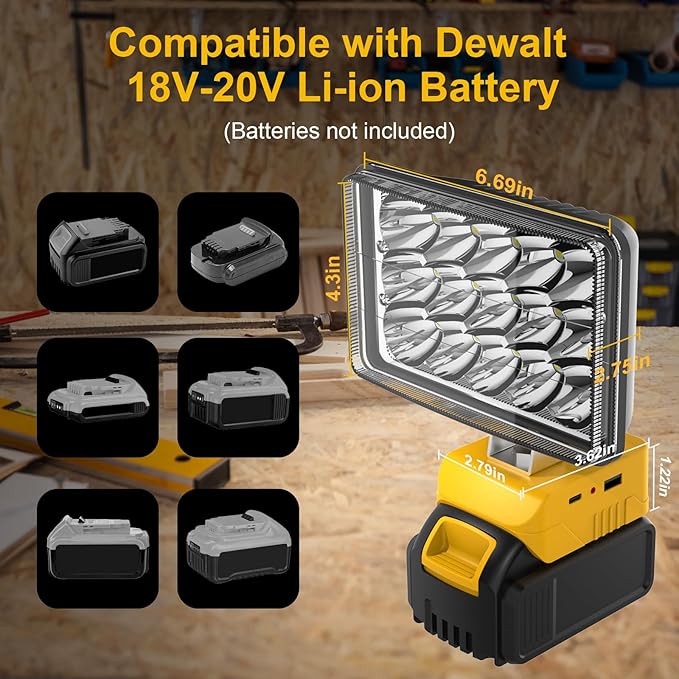 T-SUN 75W LED Work Light, 7500LM Portable Flashlight Compatible with Dewalt 20V Max Battery(Not Included), 2 USB Charging Ports for Jobsites, Workshops, Car Repair,Emergency.