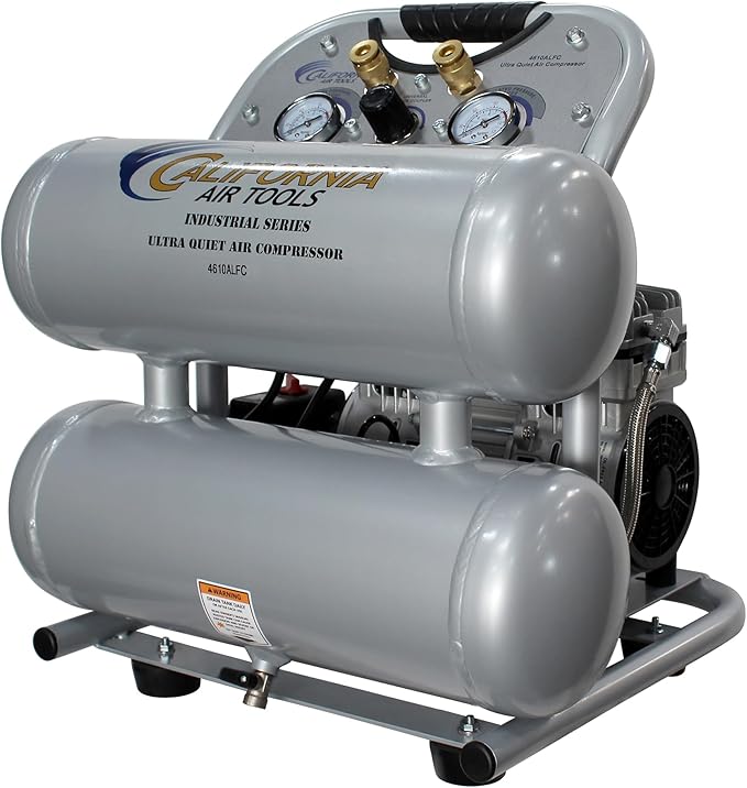 California Air Tools 4610ALFC 1.0 HP Ultra Quiet and Oil-Free Air Compressor, 4.6 Gallon Aluminum Twin Tank, 60 dBA Noise Level, Lightweight, Portable, Industrial Series, Silver