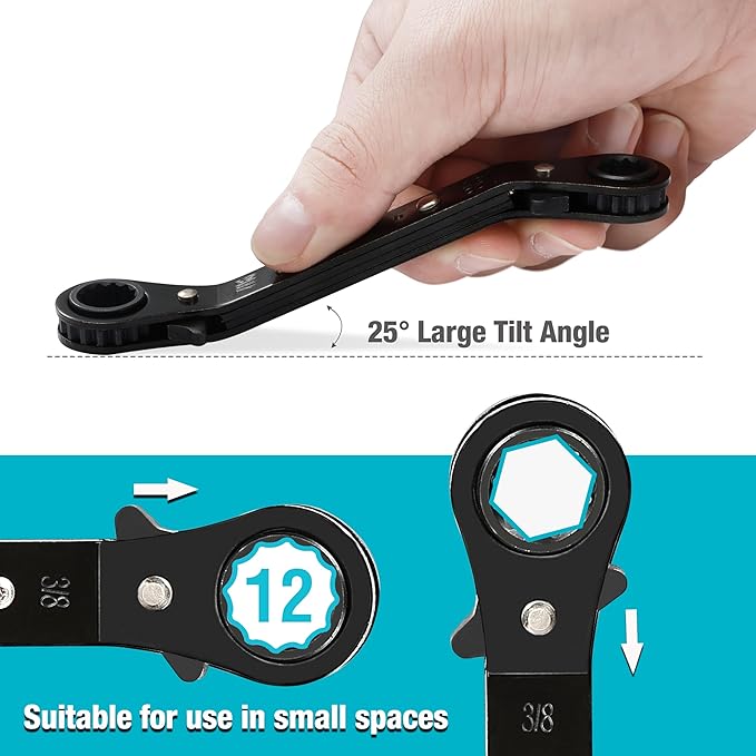 DURATECH 3/8 Inch x7/16 Inch Double Offset Box End Reversible Ratcheting Wrench, SAE, Heavy-duty, Matte Chrome Plated, Ratchet Spanner Crooked for Narrow Spaces