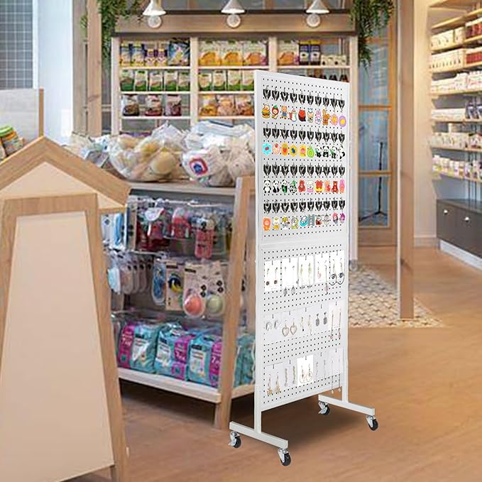 NectaCol 2'x 5' Standing Pegboard Display with T-Base, Pegboard Display Stand with Wheels, Metal Peg Board Display Rack, Art Display Stand, Extra 10 Pieces Hooks - White