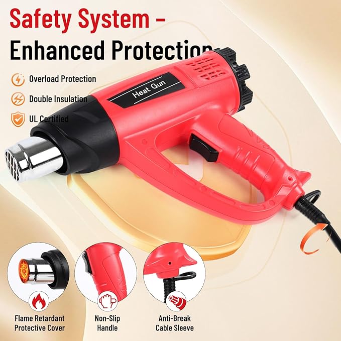 1800W Heat Gun 140℉~1112℉ (60℃-600℃) Fast Heating Heavy Duty Hot Air Gun Kit with Variable & Dual Temperature Settings, Overheat Protection, 5 Nozzles for Crafts (1800W Red Corded Heat Gun)