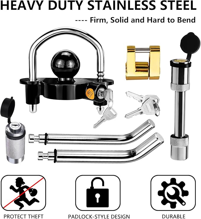 Funmit Trailer Hitch Security Lock Set Including Black U-Shaped Universal Ball Hitch Lock #72783, 1/2" and 5/8" Receiver Hitch Pin Lock, Trailer Hitch Lock Coupler Locking Pin, Share The Same 2 Keys
