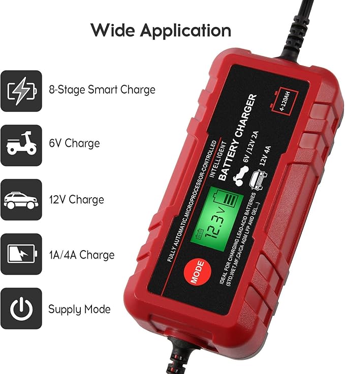 4A Smart Car Battery Charger, 6V 12V Automotive Charger Maintainer Fully Automatic 8-Stages Trickle Charger for Automotive Motorcycle Car Battery, Portable 4A Smart Car Battery Charger 6V 12V