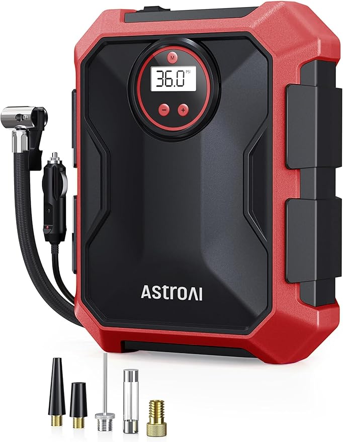 AstroAI Portable Air Compressor and Tire Inflator - 12V DC Auto Accessory with LED Light and Digital Display - 100PSI for Car, Bicycle and Other Tires