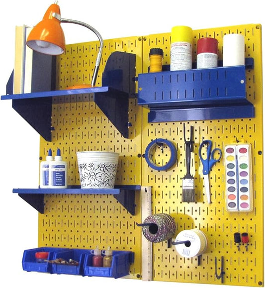 Wall Control Craft & Hobby Pegboard Organizer Storage Kit with Yellow Pegboard and Blue Accessories
