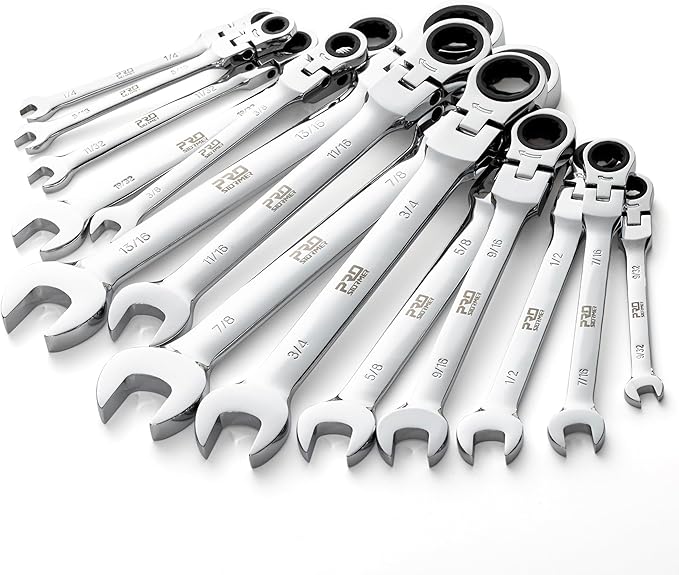 Prostormer Flex Head Ratcheting Wrench Set, SAE 1/4"-7/8",14-Piece Chrome Vanadium Steel Combination Wrench Set with Rack