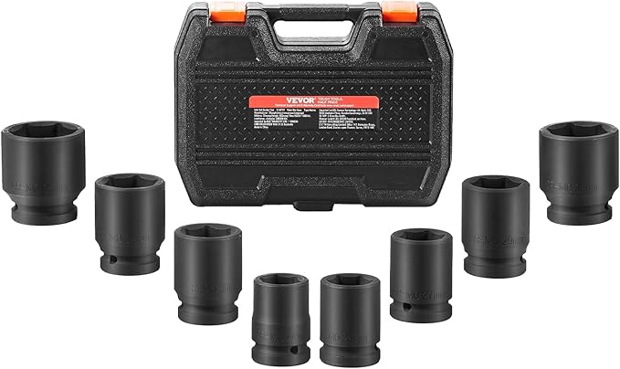VEVOR Axle Nut Impact Socket Set - 3/4" Drive 6-Point 8-Piece Metric Spindle Nut Socket CR-MO Heat Treated Large Socket Set with Storage Case for Auto Repair, Removing or Installing Axle Nuts