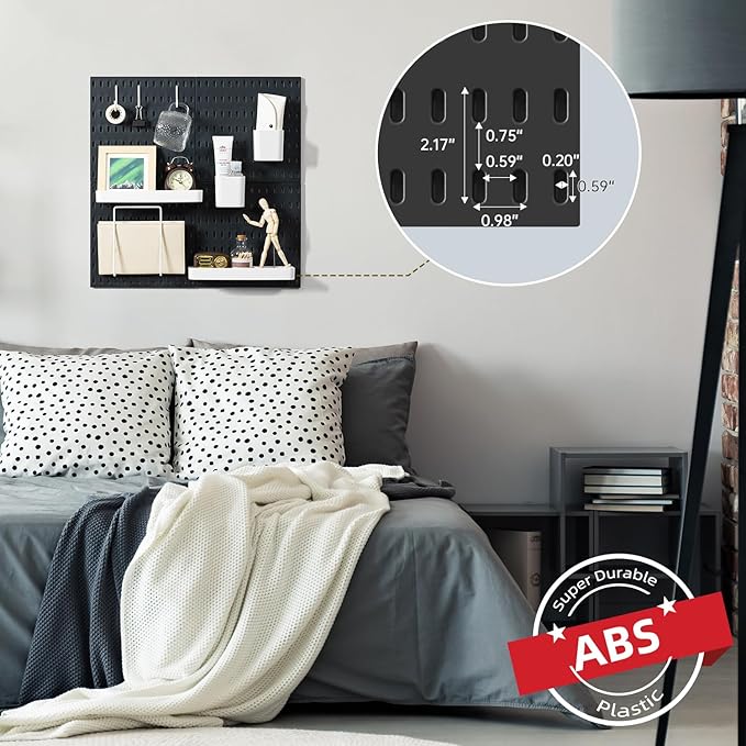 VUSIGN Pegboard Combination Wall Organizer Kit, 4 Pieces Pegboards and 17 Accessories Modular Hanging, Wall Mount Display Peg Board Panel Kits for Bedroom, Home, Office, Bathroom, 22" x 22", Black