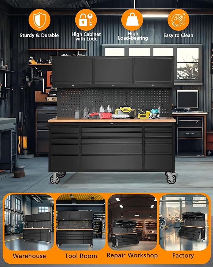 72 Inch Heavy-Duty Garage Workbench with 15 Drawers & 3 Cabinets, Steel Frame Workshop Table for Mechanics, Garage Organization, Large Tool Bench Storage with Pegboard, Black