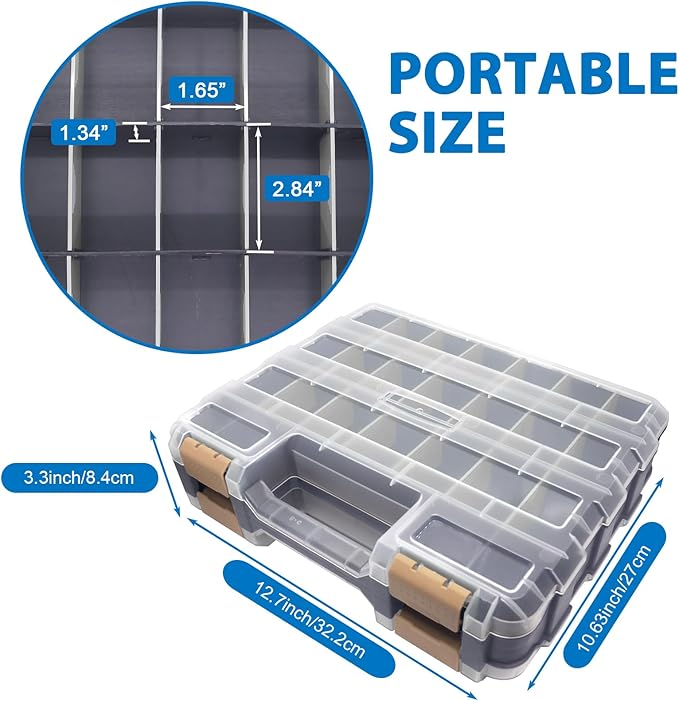 Double Side Tool Box Organizer, Hardware Storage Box, Portable Small Parts Organizer with Removable Plastic Dividers for Screws, Nuts, Nails, Bolts, Grey