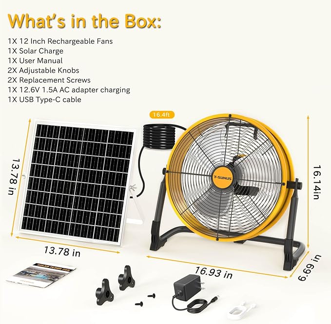T-SUNUS 12" Solar Floor Fan with 20W Panel & 13200mAh Battery, 1500 CFM Strong Airflow, 4.5-27H Runtime, USB Phone Charging, 360° Tilt, Quiet for Camping, Patio, Garage, Shed, Tent, RV, Outdoor