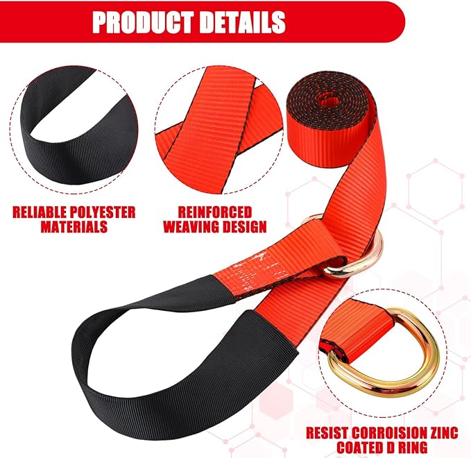 Lasso Tow Truck Straps with D Ring 11, 000 Lbs Break Strength D Ring Auto Tie Down Wheel Lift Trailer Strap for Hauling Utv SUV Wrecker Rollback