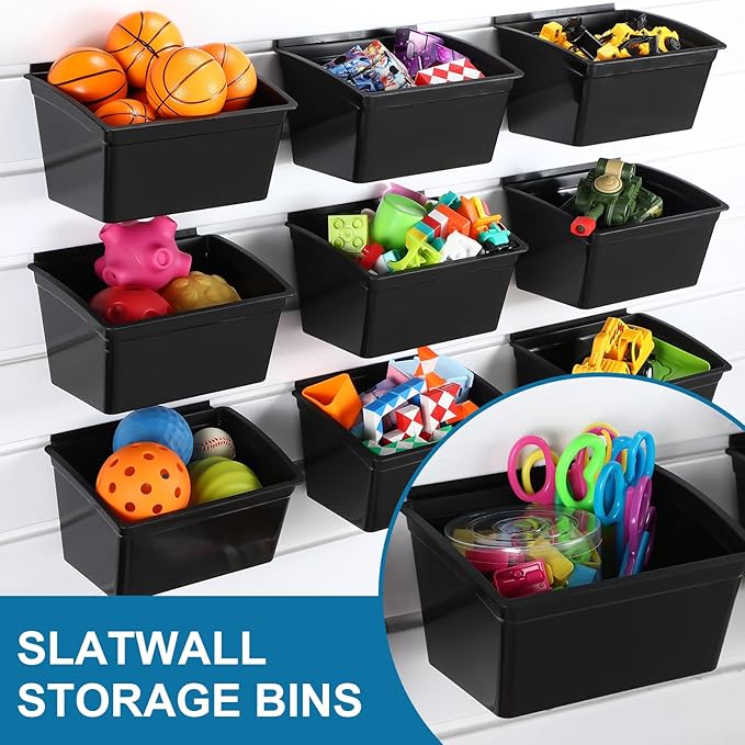 Mifoci 12 Pcs Storage Bins for PVC Slatwall Plastic Bin with Stickers Pens Slatwall Accessories for Organizing Hardware Craft Storage Tool Organizer Garage Craft Room Tool Shed(Black)