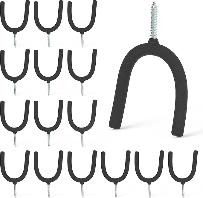 HUHOLE 16 Pack Screw in U Hook Value Set Multi-Purpose Wall Organizers Vinyl Coated Steel Utility Hangers U Hooks for Hanging Garden Tools Mops Brooms and Home Items Black