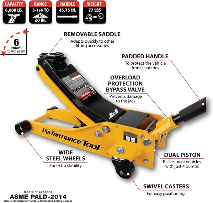 Performance Tool W1626 3 Ton Rapid Lift Low Profile Floor Jack (3-1/4 to 20-Inch Lift Range)