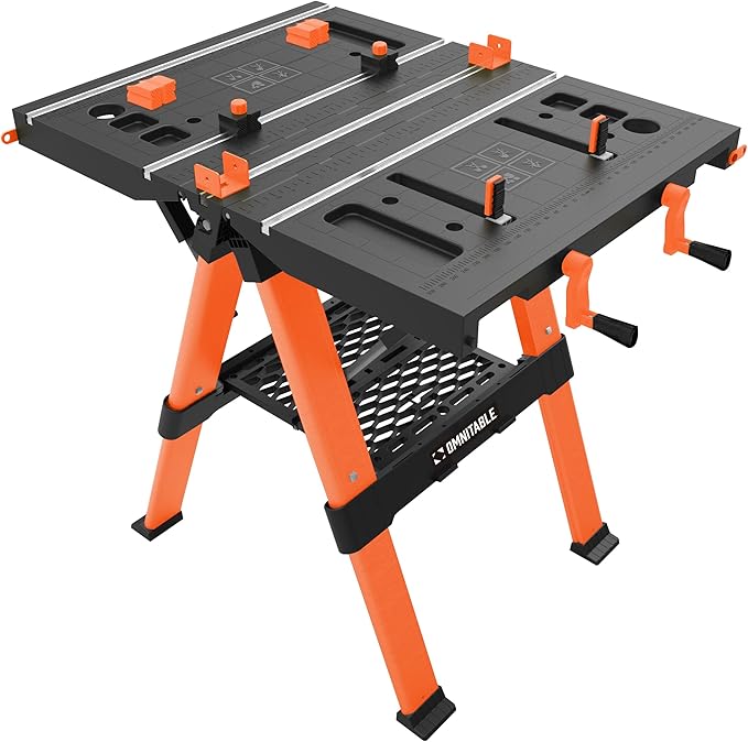 Disston OmniTable Elite Portable Workbench Worktable Sawhorse with Extra Large Work Surface with Built in Clamps. Easy Table Setup and Holds up to 440Lbs