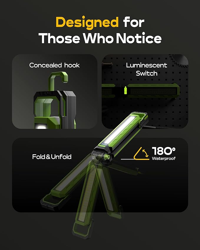 Work Light - 5200mAH Foldable Magnetic Under Hood Working Light with Hooks, Portable Magnetic Rechargeable Cordless 3300LM Job Site Lighting for Mechanic/Car Repairing/Garage
