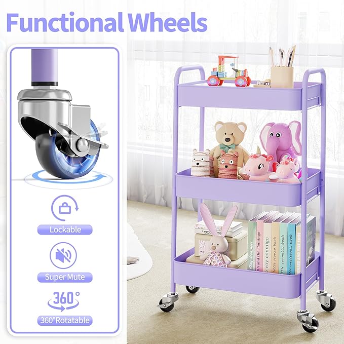 TOOLF 3-Tier Rolling Cart - Metal Utility Storage Organizer with Lockable Wheels, 33 lbs Per Shelf, Tool-Free 5-Min Assembly, for Kitchen Bathroom Office Nursery Craft Room, Purple