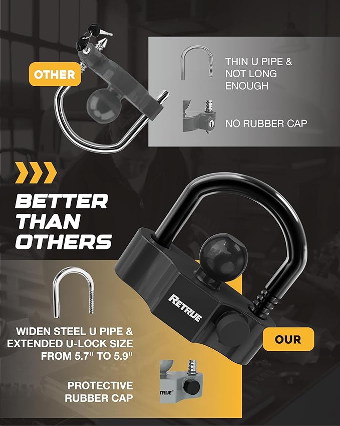 RETRUE Universal Coupler Lock Trailer Locks Ball Hitch Trailer Hitch Lock Adjustable Security Heavy-Duty Steel Fits 1-7/8 Inch, 2 Inch, 2-5/16 Inch Couplers Black