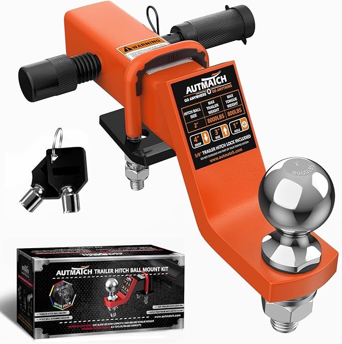 AUTMATCH Trailer Hitch Ball Mount with 2 Inch Hitch Ball - Fits 2" Receiver with Hitch Tightener, 8000Lbs Capacity Ball Hitch, 4-Inch Drop with 5/8" Hitch Lock Pin, Orange