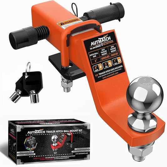 AUTMATCH Trailer Hitch Ball Mount with 2 Inch Hitch Ball - Fits 2" Receiver with Hitch Tightener, 8000Lbs Capacity Ball Hitch, 4-Inch Drop with 5/8" Hitch Lock Pin, Orange