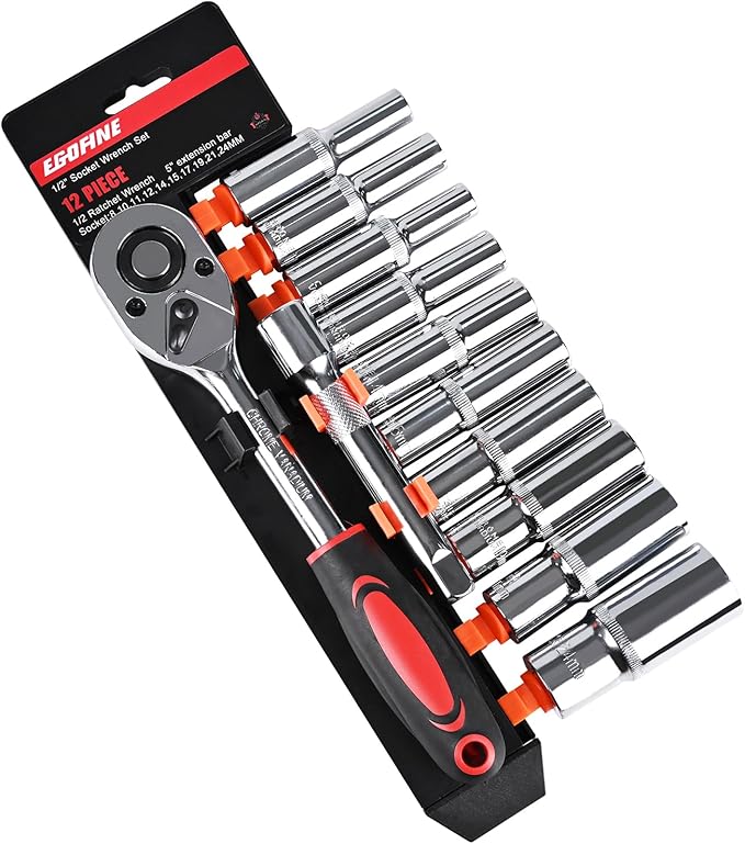Egofine 12PCS 1/2" Drive Deep Socket Set,Metric(8-24MM),6-Point, Cr-V Steel