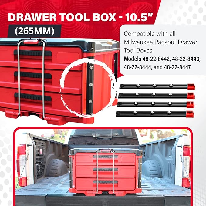 Alpha Engineered Threaded Replacement Packout Rails -10.4" (265mm) Compatible with Milwaukee Packout Drawer Tool Boxes (48-22-8442, 8443, 8444, 8447) - Aluminum Rails - Fits Packout Accessories-Black