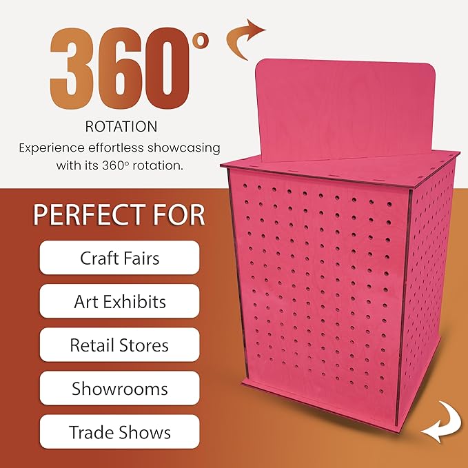 TORCHED DISPLAYS Rotating Display Stand | 22.5 x 16.76-inch | Rotating Organizer Wood Pegboard | Pegboard Display Stand for Craft Shows, Vendor Events, Jewelry, Accessories | Pink