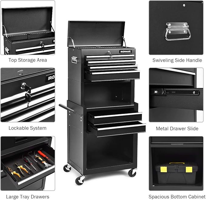 Goplus Tool Chest, 3-in-1 Rolling 6 Drawers Tool Cabinet with Detachable Top Toolbox, Middle Tool Storage, Universal Lockable Wheels, Protective Liner, Auto Lock, Metal Tool Box for Garage Workshop